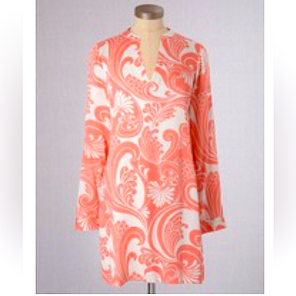 Boden Long Sleeve Dress in Coral and White